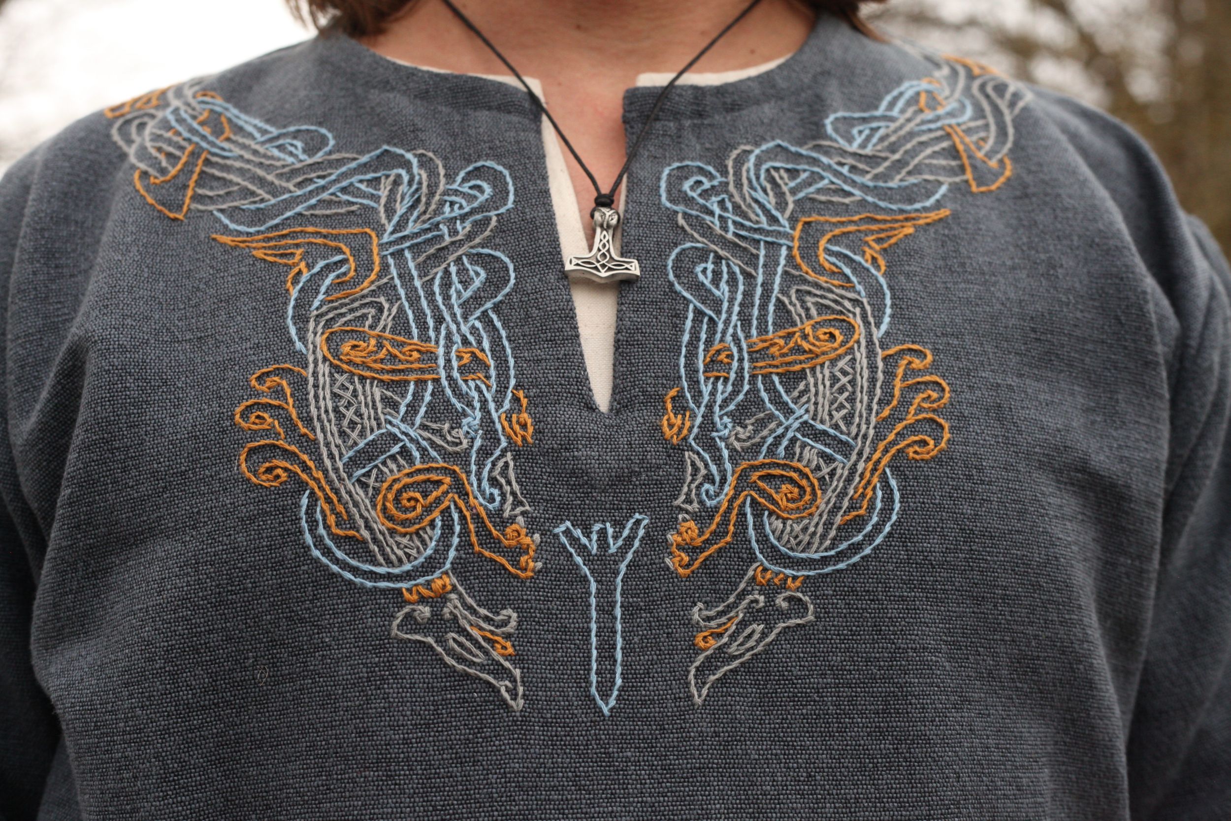 Bleu-grey Viking Tunic Snorri with Hand Embroidery order online