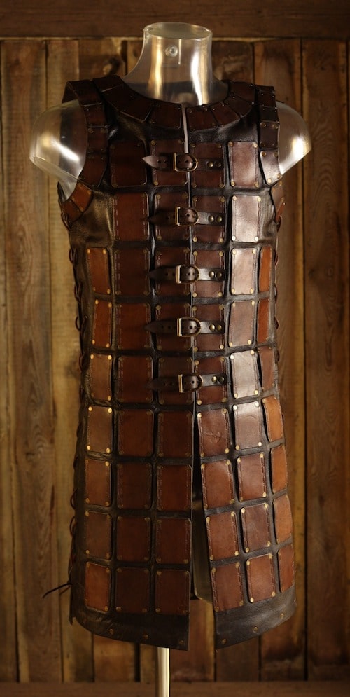 Leather armor and leather armor breastplates in black and brown